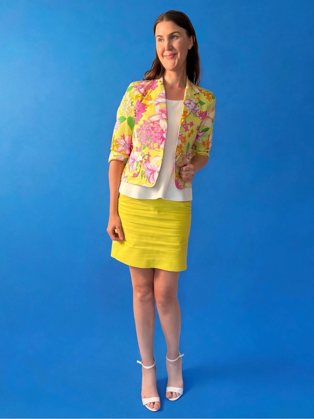 Floral Yellow Cropped Blazer - Women's Printed Suit Jacket